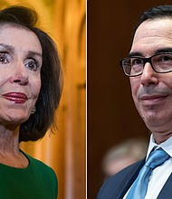 Treasury Secretary Steven Mnuchin said he and President Donald Trump continue to press for a narrower package than House Speaker Nancy Pelosi is demanding./Credit:	AP/Getty Images