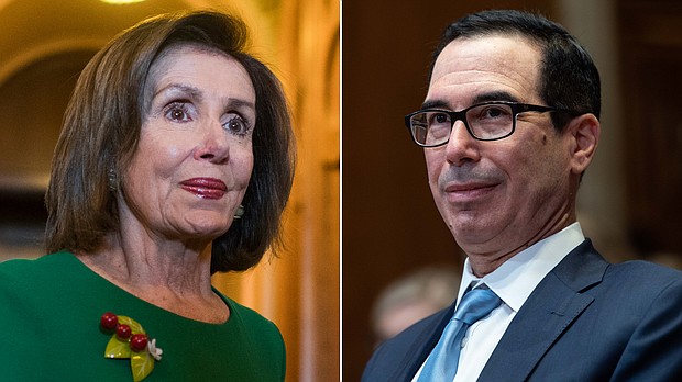 Treasury Secretary Steven Mnuchin said he and President Donald Trump continue to press for a narrower package than House Speaker Nancy Pelosi is demanding./Credit:	AP/Getty Images