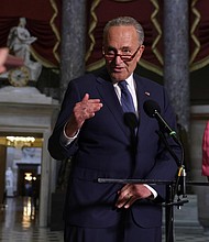 Speaker of the House Rep. Nancy Pelosi and Senate Minority Leader Sen. Chuck Schumer speak to members of the press after a meeting with Treasury Secretary Steven Mnuchin and White House Chief of Staff Mark Meadows at the Capitol August 7, 2020 in Washington, DC./Credit:	Alex Wong/Getty Images North America/Getty Images