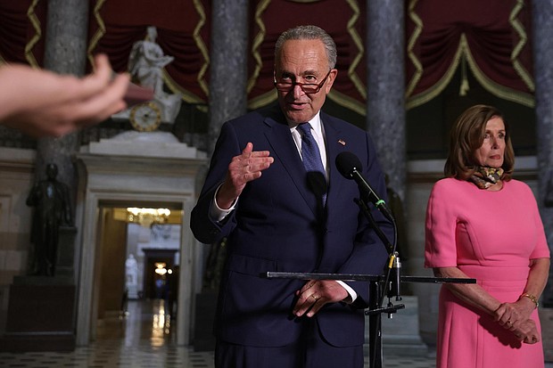 Speaker of the House Rep. Nancy Pelosi and Senate Minority Leader Sen. Chuck Schumer speak to members of the press after a meeting with Treasury Secretary Steven Mnuchin and White House Chief of Staff Mark Meadows at the Capitol August 7, 2020 in Washington, DC./Credit:	Alex Wong/Getty Images North America/Getty Images