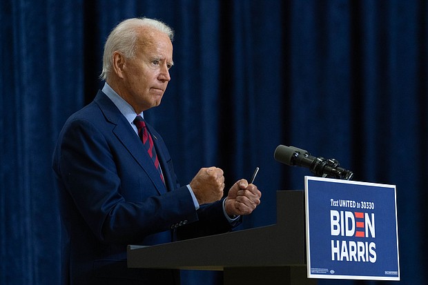 Democratic presidential candidate former Vice President Joe Biden shakes his fists as he speaks in Wilmington, Del., Friday Sept. 4, 2020./Credit: Carolyn Kaster/AP