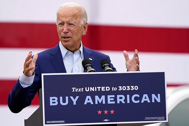 Democratic presidential candidate former Vice President Joe Biden speaks during a campaign event on manufacturing and buying American-made products at UAW Region 1 headquarters in Warren, Mich., Sept. 9, 2020./Credit:	Patrick Semansky/AP