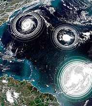 There are 5 tropical cyclones in the Atlantic Ocean at the same time. It's only the second time in history this has happened./Credit:	CNN Weather
