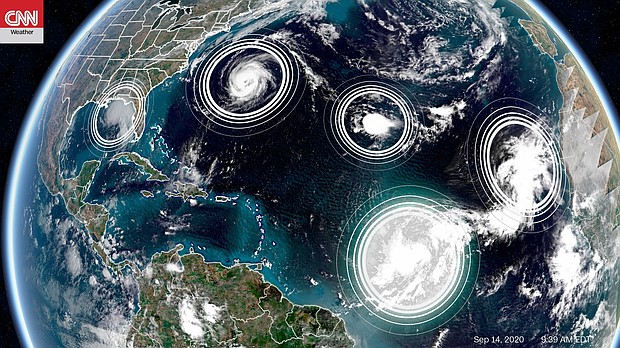 There are 5 tropical cyclones in the Atlantic Ocean at the same time. It's only the second time in history this has happened./Credit:	CNN Weather