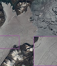 A satellite image from July 31 2019 showing pools and rivers of water on the surface of Greenland's Nioghalvfjerdsfjorden glacier./Credit:	EU Copernicus Sentinel/Geological Survey of Denmark and Greenland