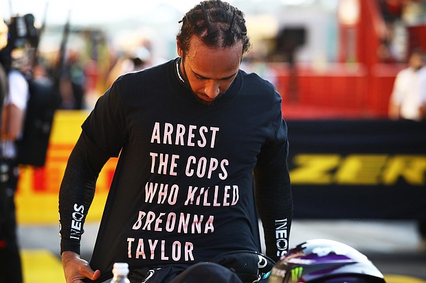 Lewis Hamilton wears a shirt in tribute to Taylor during a GP on September 13, 2020./Credit:	Bryn Lennon/Getty Images Europe/Getty Images