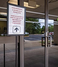 As the sign notes, voter registration is on the second floor of the building, but also will be available at City Hall and the Hickory Hill Community Center in South Side. Those two satellite locations also will offer early voting for seven days in late October.