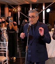 Annie Murphy, from left, Catherine O'Hara, Noah Reid, Sarah Levy, Karen Robinson, Eugene Levy and Daniel Levy accept the award for outstanding comedy series for "Schitt's Creek" during the 72nd Emmy Awards broadcast. (The Television Academy and ABC Entertainment via AP)/Credit: The Television Academy/ABC/AP