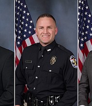 Louisville police officers Myles Cosgrove, Brett Hankison and Jonathan Mattingly are pictured. Hankison was fired by Louisville's police chief for his role in the shooting./Credit:	Louisville Metro Police Department