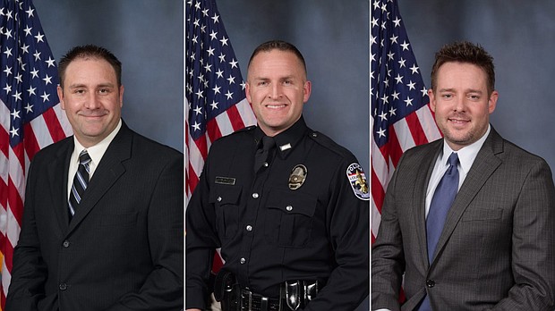 Louisville police officers Myles Cosgrove, Brett Hankison and Jonathan Mattingly are pictured. Hankison was fired by Louisville's police chief for his role in the shooting./Credit:	Louisville Metro Police Department