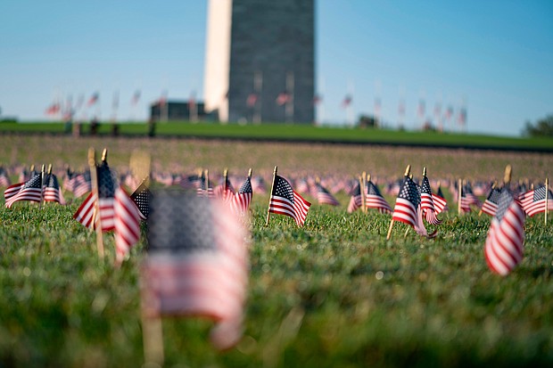 A memorial of flags for those who have died as a result of of Covid-19 on the National Mall./Credit: Alex Edelman/AFP/Getty Images