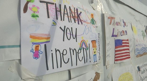 After lots of hard work, the community is banding together to let linemen know they are grateful for their power restoration efforts./Credit:	WALA