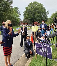 Dr. Jill Biden, wife of Democratic presidential candidate Joe Biden, makes a campaign stop last Thursday at the Richmond Voter Registrar’s Office on West Laburnum Avenue, where early voting is underway. After greeting arriving voters outside with Mayor Levar M. Stoney and Delegate Lamont Bagby of Henrico, head of the Virginia Legislative Black Caucus, Dr. Biden talked with local media. Candidates and/or their surrogates have been stumping in Virginia in recent days. President Trump held a rally last Friday at the Newport News-Williamsburg International Airport. And Douglas Emhoff, husband of Democratic vice presidential candidate Sen. Kamala Harris is expected to campaign in Virginia in the next few days. Early voting for the Nov. 3 presidential election and other contests continues in the state through Saturday, Oct. 31.