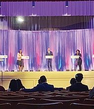 Mayoral candidates, from left, Alexsis Rodgers, City Councilwoman Kim Gray, Justin Griffin, Tracey McLean and Mayor Levar M. Stoney field questions during the Sept. 24 forum at Virginia Union University moderated by former Gov. L. Douglas Wilder, who also is a former Richmond mayor, and Juan Conde of WRIC 8News.