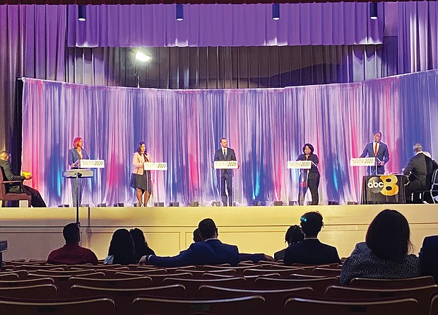 Mayoral candidates, from left, Alexsis Rodgers, City Councilwoman Kim Gray, Justin Griffin, Tracey McLean and Mayor Levar M. Stoney field questions during the Sept. 24 forum at Virginia Union University moderated by former Gov. L. Douglas Wilder, who also is a former Richmond mayor, and Juan Conde of WRIC 8News.