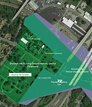 This map shows the full scope of the proposed Shockoe Hill Burial Ground Historic District. The heaviest shading identifies the former location of the Shockoe Hill African Burying Ground, also known as
the Burial Ground for Free People of Color and Slaves. City Hall is now proposing to protect a large section of the forgotten cemetery at 1305 N. 5th St., shown at right, with Interstate 64 running above it.