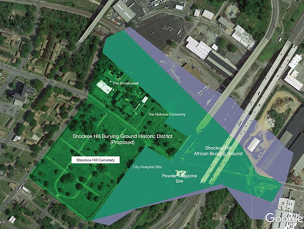 This map shows the full scope of the proposed Shockoe Hill Burial Ground Historic District. The heaviest shading identifies the former location of the Shockoe Hill African Burying Ground, also known as
the Burial Ground for Free People of Color and Slaves. City Hall is now proposing to protect a large section of the forgotten cemetery at 1305 N. 5th St., shown at right, with Interstate 64 running above it.