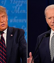President Donald Trump campaign runs Facebook ads featuring fake image of Joe Biden wearing an earpiece./Credit: Julio Cortez/Patrick Semansky/AP
