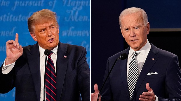 President Donald Trump campaign runs Facebook ads featuring fake image of Joe Biden wearing an earpiece./Credit:	Julio Cortez/Patrick Semansky/AP