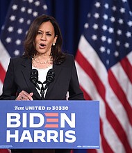 Democratic vice presidential nominee and Senator from California, Kamala Harris, speaks on the administration of President Donald Trump failures to contain Covid-19, in Washington, DC, on August 27, 2020.
Credit:	ERIC BARADAT/AFP via Getty Images