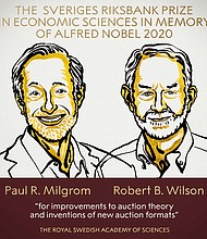 American economists Paul Milgrom and Robert Wilson have been awarded the 2020 Nobel Prize in economics for their contributions to auction theory, the Royal Swedish Academy of Sciences said.
Credit:	Niklaus Elmehed/Nobel Prize