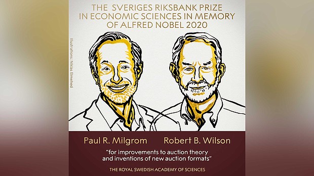 American economists Paul Milgrom and Robert Wilson have been awarded the 2020 Nobel Prize in economics for their contributions to auction theory, the Royal Swedish Academy of Sciences said.
Credit:	Niklaus Elmehed/Nobel Prize