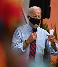 Democratic presidential nominee and former Vice President Joe Biden speaks at the Little Haiti Cultural Complex in Miami, Florida on October 5, 2020.
Credit:	Roberto Schmidt/AFP/Getty Images