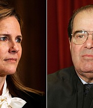 Antonin Scalia's legacy looms large over the Amy Coney Barrett hearings.
Credit:	Associated Press
