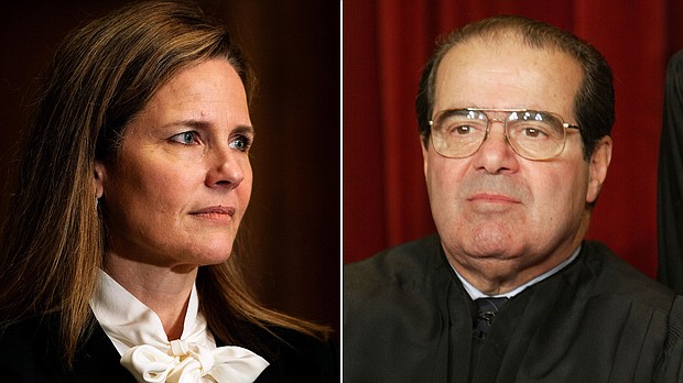 Antonin Scalia's legacy looms large over the Amy Coney Barrett hearings.
Credit:	Associated Press