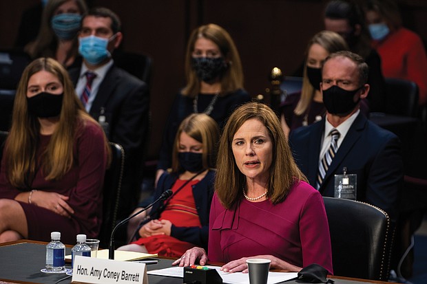 Supreme Court nominee Judge Amy Coney barrett speaks Monday during her Senate Judiciary Committee confirmation hearing on Capitol Hill.