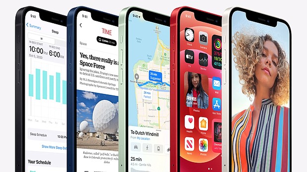 Apple announced its latest lineup of iPhones — the iPhone 12, the iPhone 12 Pro, the iPhone 12 Pro Max and a smaller, iPhone 12 mini. All the phones are 5G-equipped, making them the first Apple devices that can connect to the next-generation, high-speed wireless networks./Credit:	Apple