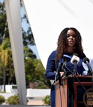 Compton Mayor Aja Brown announced the launch of Compton Pledge -- a new pilot program that will give 800 Compton residents free cash for two years./Credit:	Brittany Murray/MediaNews Group/Long Beach Press-Telegram via Getty Images