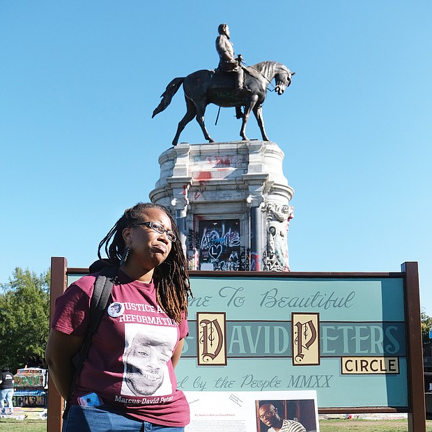 Princess Blanding, sister of the late Marcus-David Peters, joined family members in hosting a celebration Saturday to mark what would have been her brother’s 27th birthday and to keep his memory alive. Location: The Lee statue in Richmond that sits on a traffic circle that some now call Marcus-David Peters Circle.