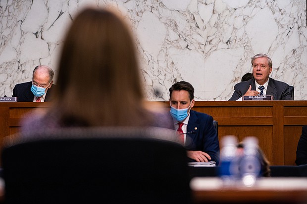 Committee chairman Sen. Lindsey Graham speaks during the third day of the Supreme Court confirmation hearing for Judge Amy Coney Barrett before the Senate Judiciary Committee on Capitol Hill on October 14, 2020 in Washington, DC./Credit:	Demetrius Freeman/Pool/Getty Images