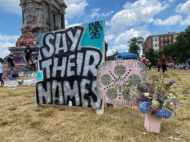 The circle around the Lee statue on Richmond’s Monument Avenue is a focal point for demonstrators and has served as a place for people to leave tributes and signs expressing their sentiments about a range of issues.