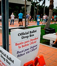 "Offcial ballot drop box" signs are seen at Westchester Regional Library in Miami, Florida on Oct. 19.
Credit:	EVA MARIE UZCATEGUI/AFP/AFP via Getty Images