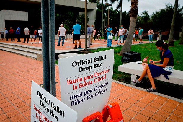 "Offcial ballot drop box" signs are seen at Westchester Regional Library in Miami, Florida on Oct. 19.
Credit:	EVA MARIE UZCATEGUI/AFP/AFP via Getty Images