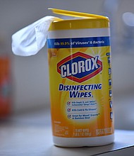 This illustration photo shows a container of Clorox disinfecting wipes in a kitchen in Culver City, California, on April 24, 2020, amid the novel coronavirus pandemic./Credit:	Chris Delmas/AFP/Getty Images