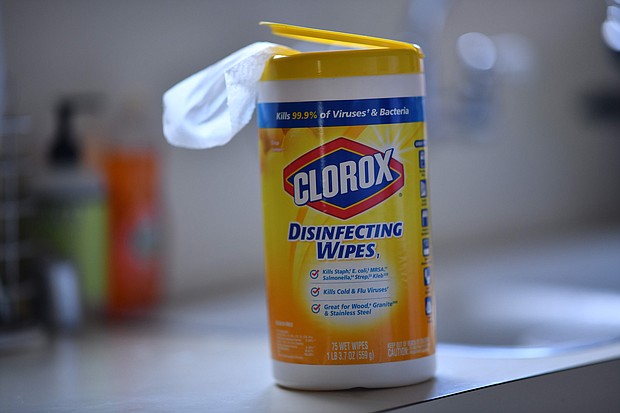 This illustration photo shows a container of Clorox disinfecting wipes in a kitchen in Culver City, California, on April 24, 2020, amid the novel coronavirus pandemic./Credit:	Chris Delmas/AFP/Getty Images