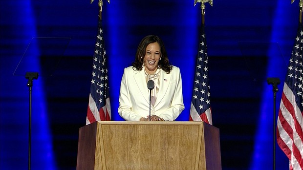 Vice President-elect Kamala Harris addresses supporters gathered outside the Chase Center in Wilmington, Delaware on Nov. 7.
Credit:	POOL
