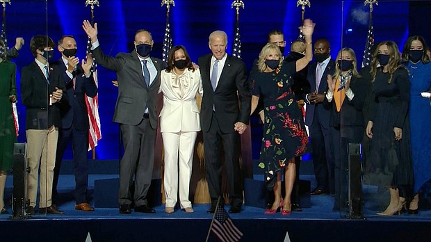 President-elect Joe Biden and Vice President-elect Kamala Harris were joined on stage following their speeches in Wilmington, Delaware, tonight by their families.
Credit:	POOL