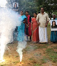 Villagers burst firecrackers Nov. 8 to celebrate the victory of U.S. Vice President-elect Kamala Harris in Painganadu a neighboring village of Thulasendrapuram, the hometown of Sen. Harris’ maternal grandfather, south of Chennai, Tamil Nadu state, India. Waking up to the news of Sen. Harris’ election as Joe Biden’s running mate, overjoyed people in her small ancestral Indian village set off firecrackers, carried her placards and offered prayers.