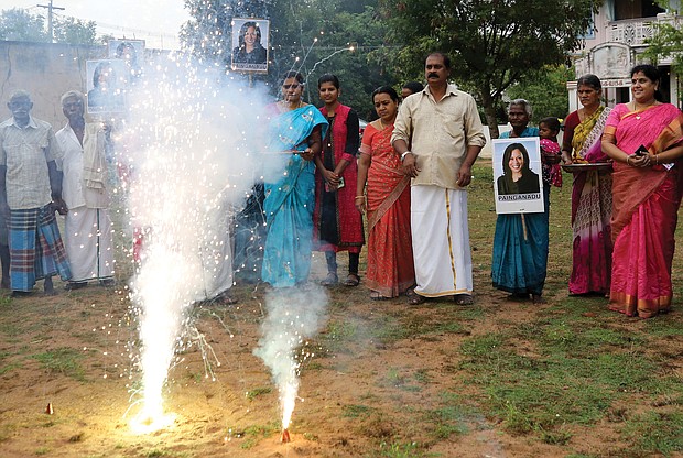 Villagers burst firecrackers Nov. 8 to celebrate the victory of U.S. Vice President-elect Kamala Harris in Painganadu a neighboring village of Thulasendrapuram, the hometown of Sen. Harris’ maternal grandfather, south of Chennai, Tamil Nadu state, India. Waking up to the news of Sen. Harris’ election as Joe Biden’s running mate, overjoyed people in her small ancestral Indian village set off firecrackers, carried her placards and offered prayers.