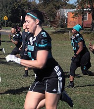 Women run through a series of drills last Saturday during tryouts for the River City Sting women’s full tackle football team. The tryouts, held at Montrose Elementary School in Eastern Henrico, will continue for the next two Saturdays, with the team scheduled to begin playing in the spring.