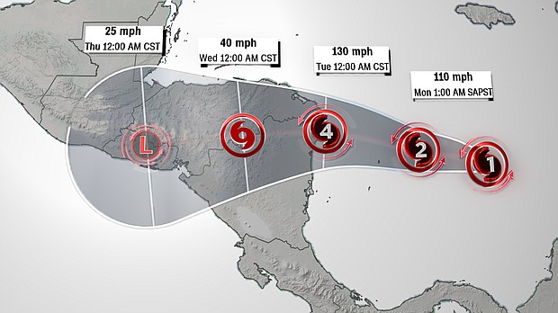 Hurricane Iota is forecasted to rapidly strengthen to a Category 4 Hurricane before hitting Central America.
Credit:	CNN Weather