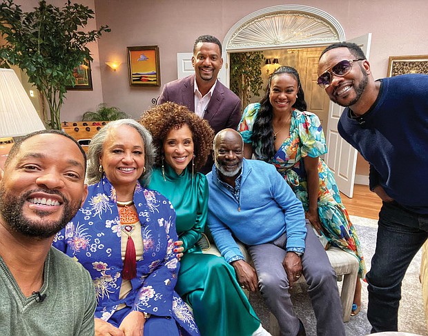 “The Fresh Prince of Bel-Air” 30th anniversary reunion show, airing Nov. 19, on HBO Max, features cast members, from left, Will Smith; Daphne Maxwell Reid (Aunt Viv); Karyn Parsons (Hilary Banks); Alfonso Ribeiro (Carlton Banks); Joseph Marcell (Geoffrey); Tatyana Ali (Ashley Banks); and DJ Jazzy Jeff (Jazz).