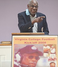 Coach Willard bailey speaks at a celebration last Friday honoring him for his selection to the 2021 Class of the black College Football Hall of Fame.