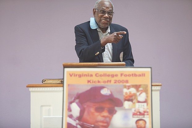 Coach Willard bailey speaks at a celebration last Friday honoring him for his selection to the 2021 Class of the black College Football Hall of Fame.