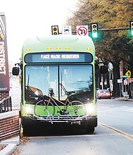 GRTC buses, like the one shown, kept their headlights on Tuesday in honor of late civil rights pioneer Rosa Parks, who helped launch the modern Civil Rights Movement. She lit the spark 65 years ago on Dec. 1, 1955, when she was arrested in Montgomery, Ala., for refusing to give up her bus seat to a white person and move to the rear of the bus that was reserved for Black people. Her action led to a yearlong public transit system boycott led by Dr. Martin Luther King Jr. and a U.S Supreme Court decision extending a ban on segregated public transit seating to previously exempt local bus systems. Because of the pandemic, GRTC dropped its tradition of reserving the front bus seat in honor of Ms. Parks, who died in 2005. A special message honoring Ms. Parks was included on the rotating messages on the digital header signs on each bus, GRTC officials stated.