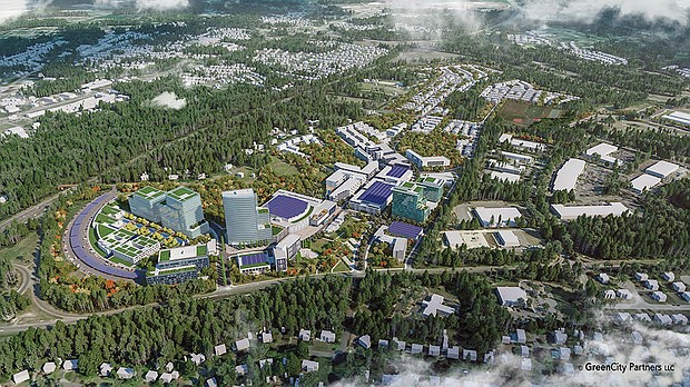 This rendering offers a view of the proposed $2.3 billion GreenCity development in Henrico County that would include a 17,000-seat arena. The 250- acre site, currently owned by the county, fronts East Parham Road and abuts interstates 95 and 295 about 4 miles north of the city line.